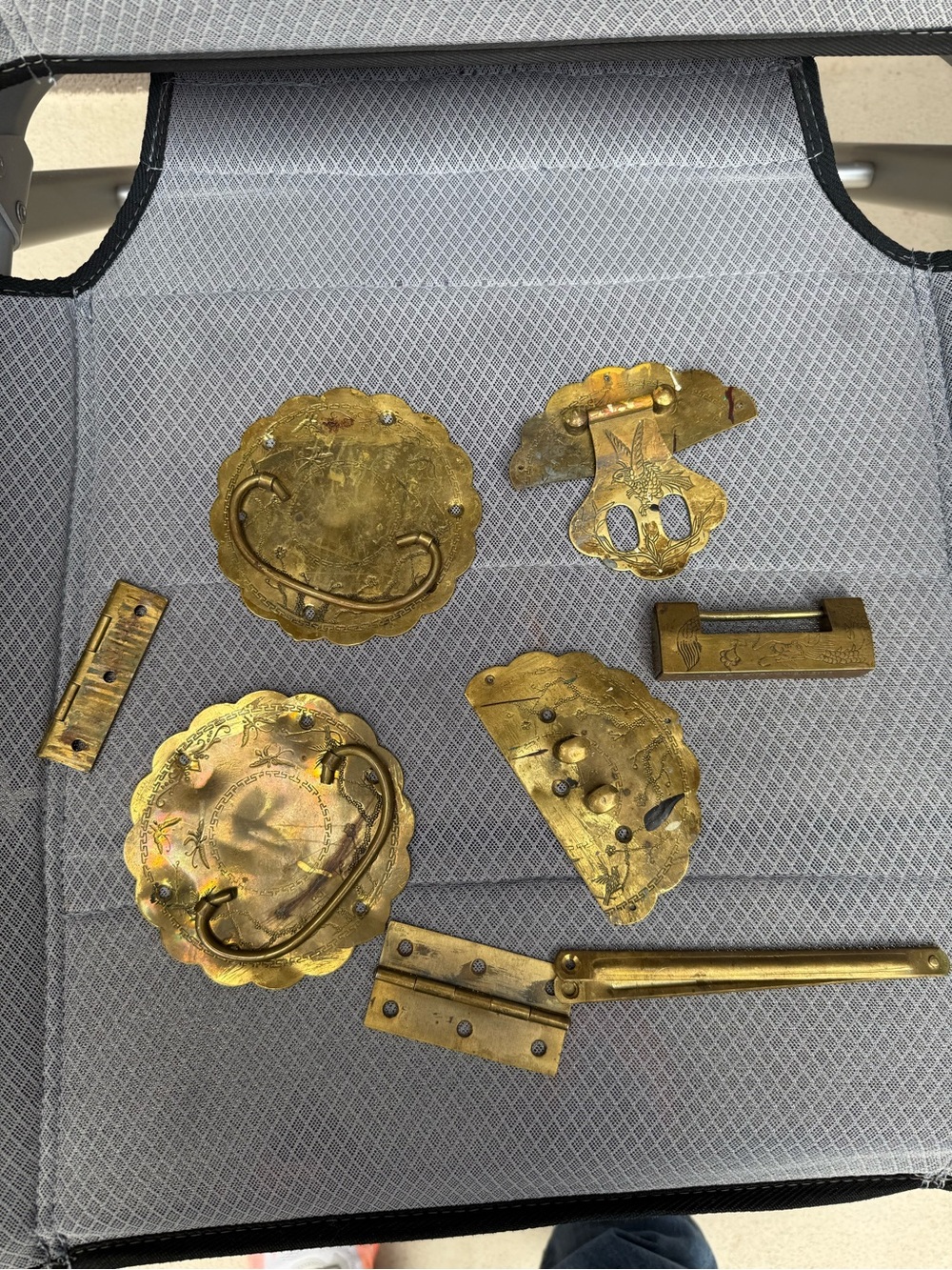 Antique Ornate Brass Hinges – Engraved Floral & Symbolic Motifs Mixed Lot
